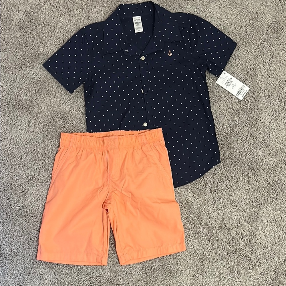 Navy Polka Dot Shirt and Peach Shorts Set
